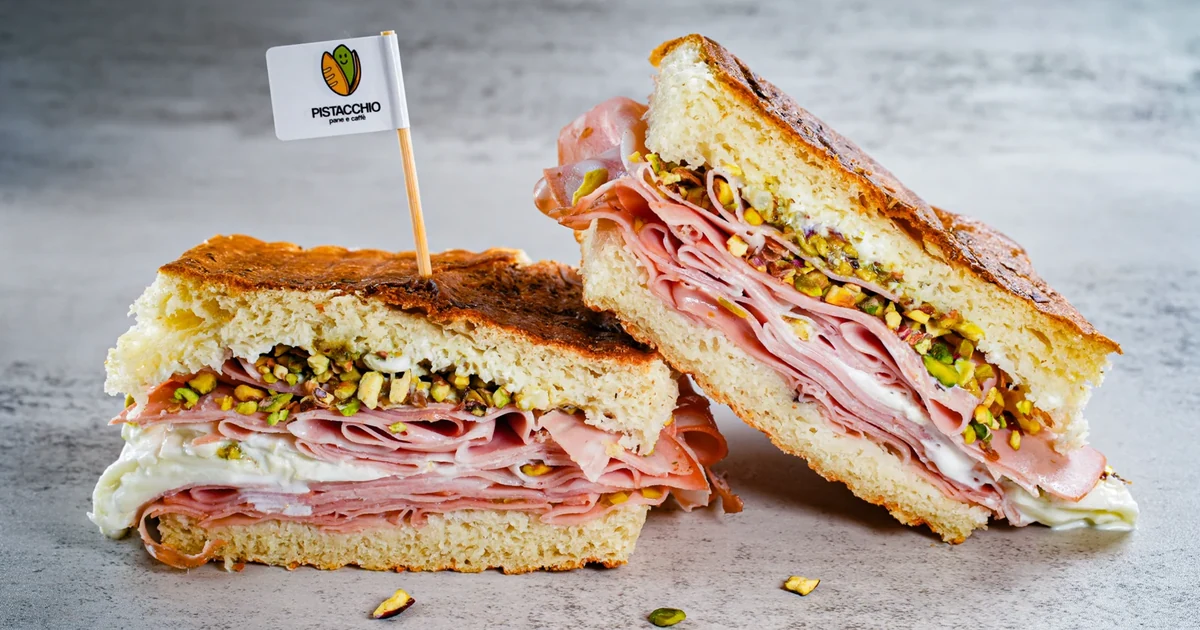 Il Pistacchione — mortadella, pistachio cream and burrata on focaccia