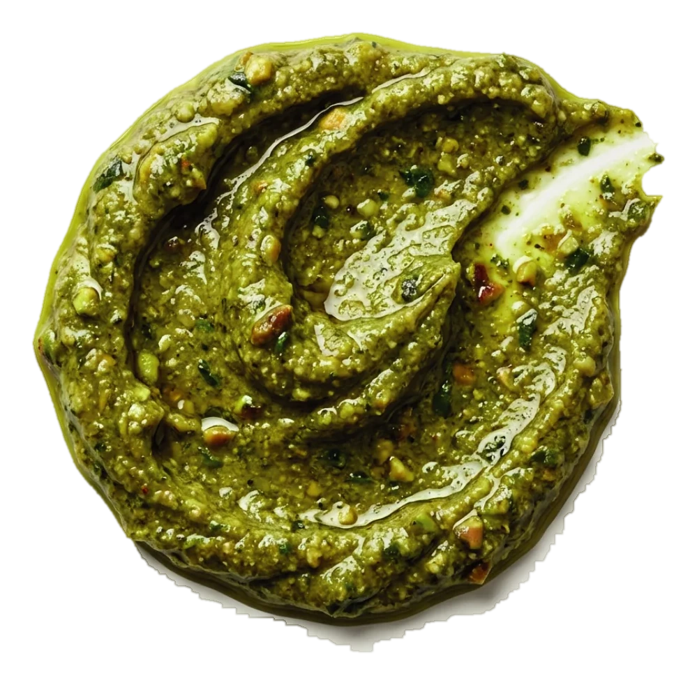 A swirl of freshly ground pistachio paste, dull olive green and visibly grainy